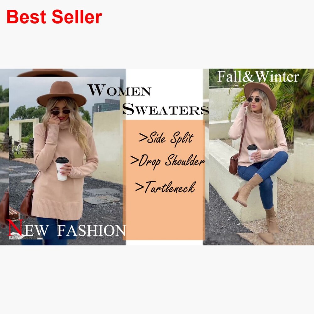 Turtleneck Pullover Sweater With Side Split Hem A… - image 6